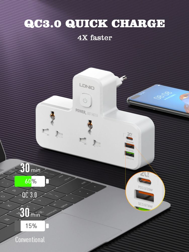 Picture of LDNIO SC2311 20W 3-Port USB Charger Extension Power Strip - White