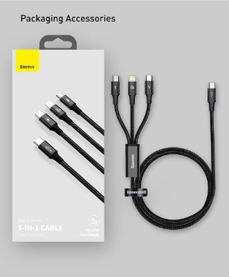 Picture of Baseus PD 20W Rapid Series 3-in-1 Fast Charging Data Cable Type-C to M+L+C - Black