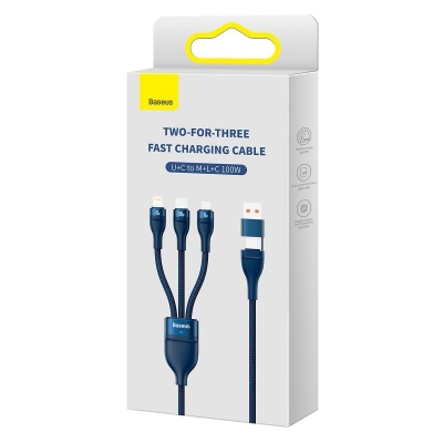 Picture of Baseus Two-for-three Fast Charging Cable (U+C to M+L+C) 100w- Blue - Blue