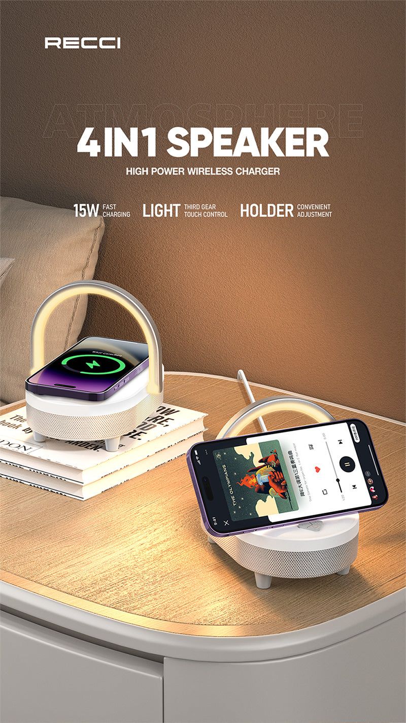 Picture of Recci RLS-L16 4-IN-1 Speaker, Wireless Charger, Night Light, Phone Holder - Apricot