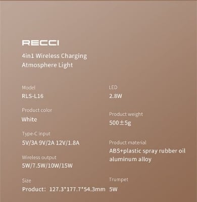 Picture of Recci RLS-L16 4-IN-1 Speaker, Wireless Charger, Night Light, Phone Holder - Apricot