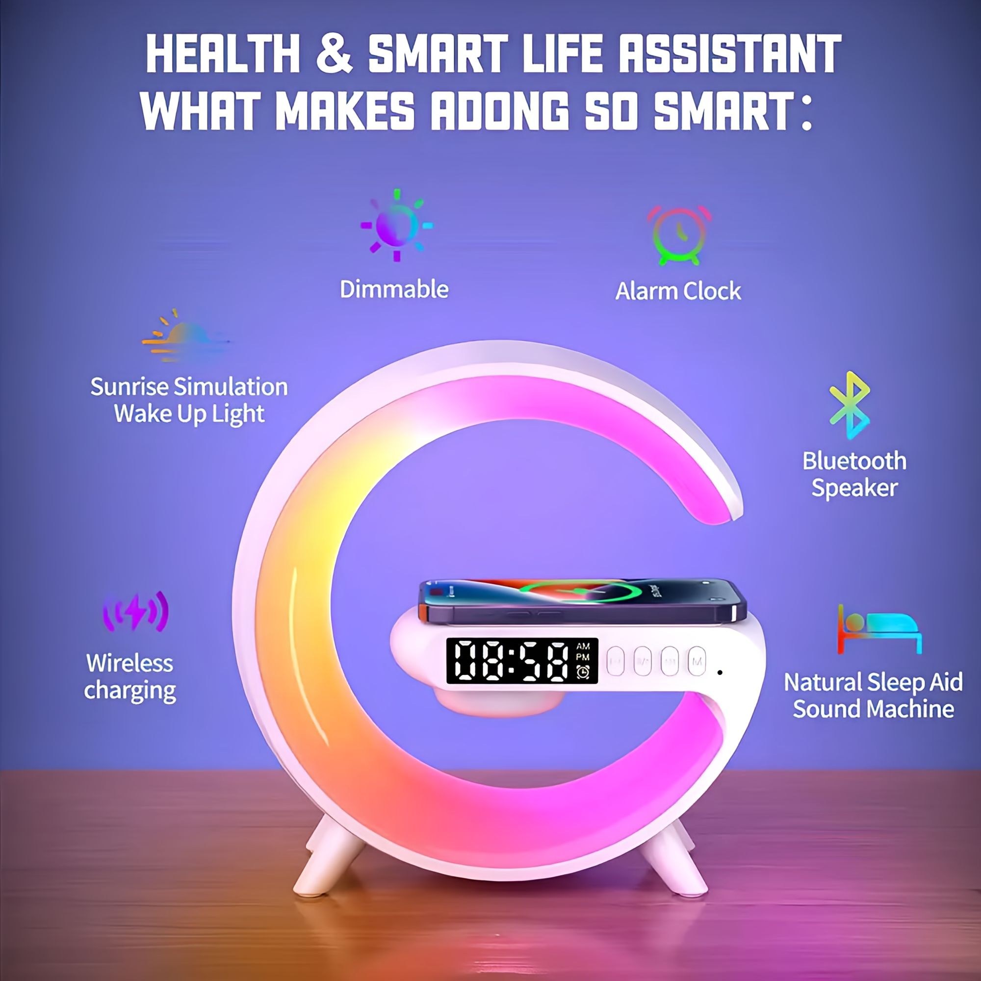 Picture of Smart G Lamp Bluetooth Speaker Wireless Charger RGB Alarm Clock Night Light - Apricot