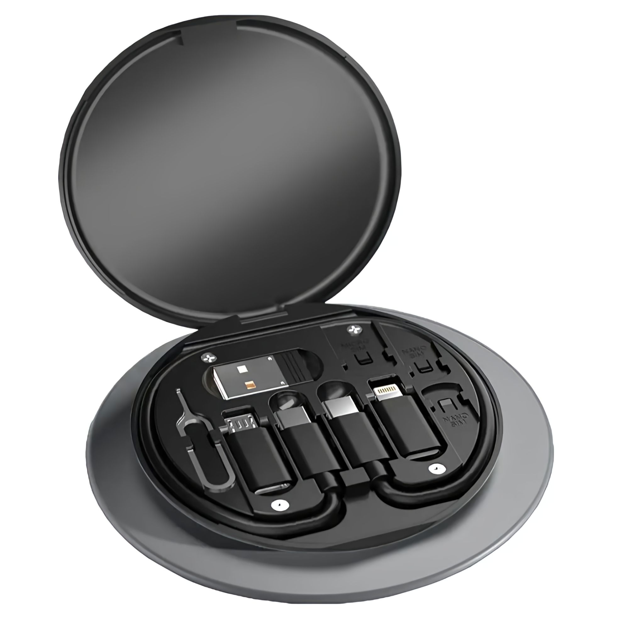 Picture of 60W 5-in-1 Multi-Type Phone Micro USB Type Fast Charging Data Cable Set for Apple, Android, Type С Charging with Retrieve Card Pin, Round Storage Box - Black
