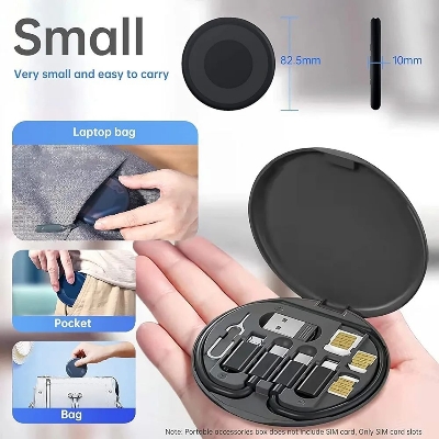 Picture of ShopiBuy 5-in-1 Multi-Type Phone Micro USB Type Fast Charging Data Cable Set for Apple, Android, Type C Charging with Retrieve Card Pin, Round Storage Box - Black