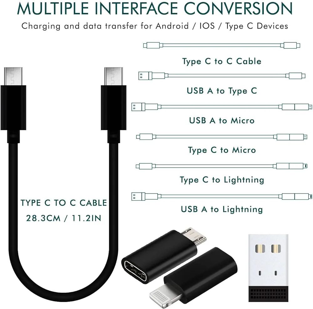Picture of (5PCS)60W 5-in-1 Multi-Type Phone Micro USB Type Fast Charging Data Cable Set for Apple, Android, Type С Charging with Retrieve Card Pin, Round Storage Box - Black