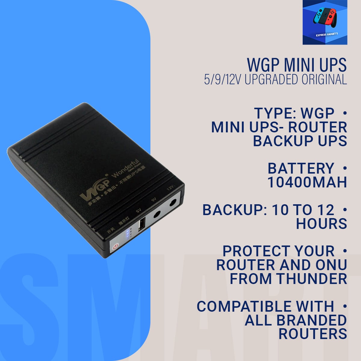 Picture of wgp Mini UPS 5/12/12V upgraded Original(10,400mAh)(2 years replacement warranty) - Black