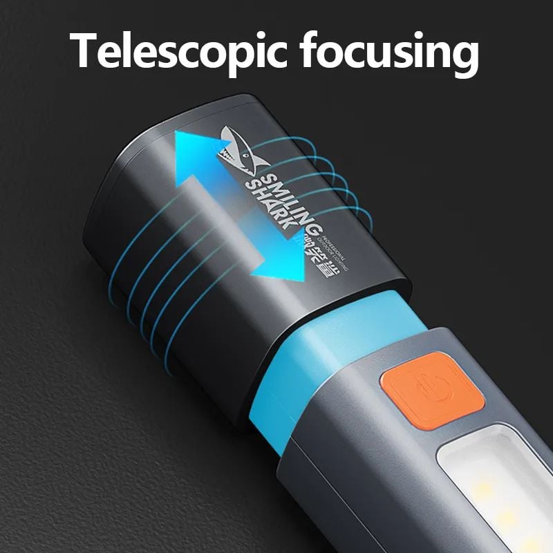 Picture of Smiling Shark SD1023 LED Multifunctional Flashlight with Hook Camping Light USB Rechargeable Zoomable - Grey