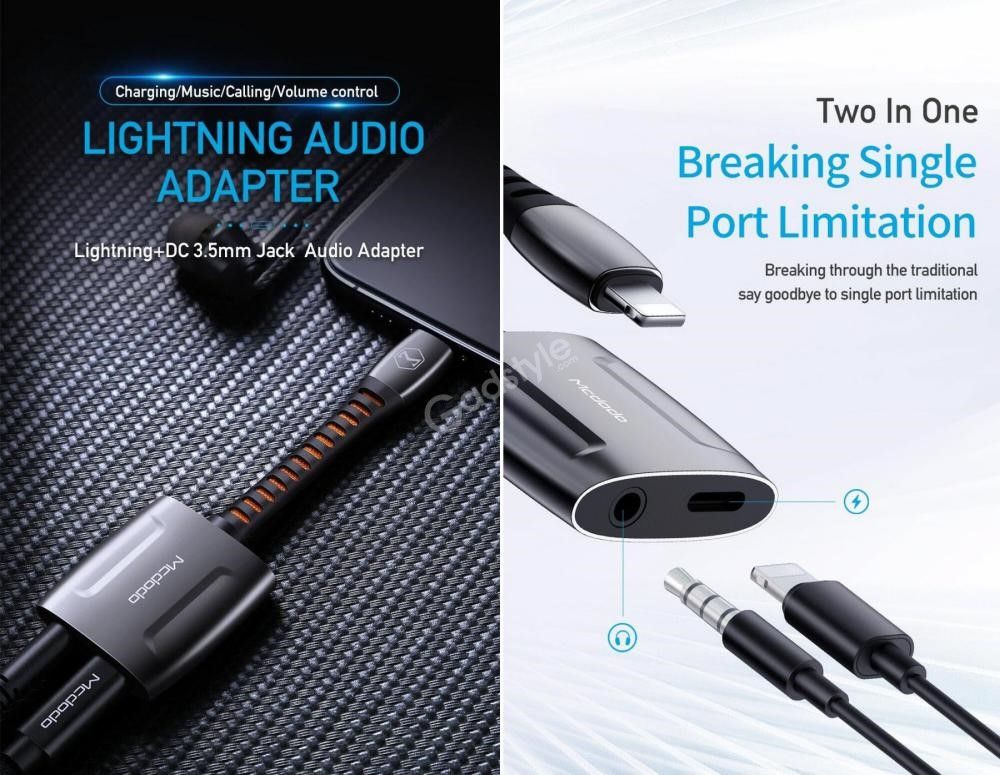 Picture of MCDODO Lightning to Lightning & DC 3.5mm Audio Adapter Converter - Black