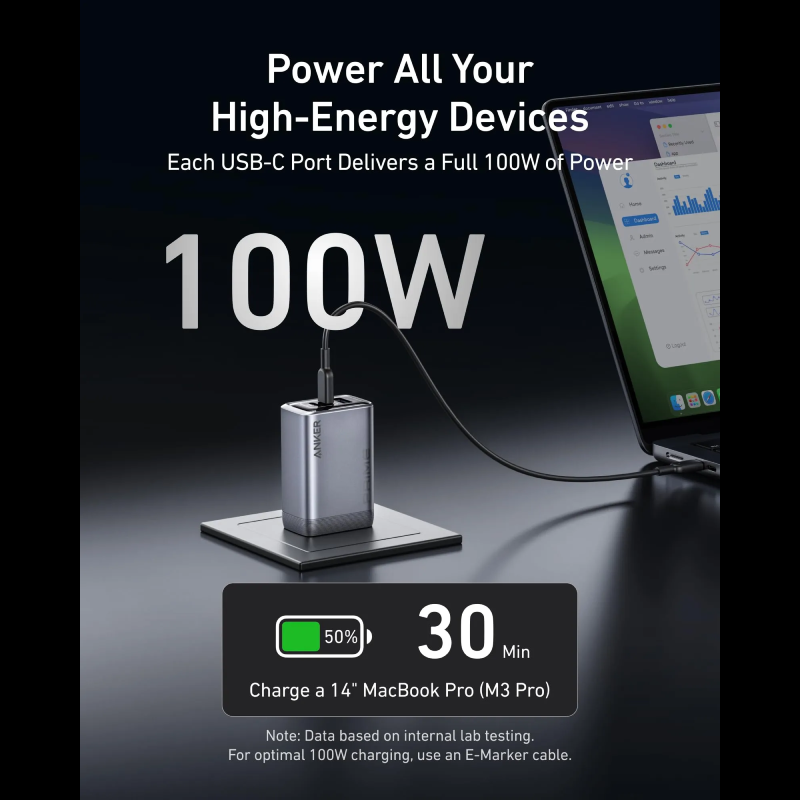 Picture of Anker Prime 100W GaN Wall Charger 3 Ports with 1.5M USB-C Cable: - Black