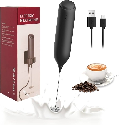 Picture of Electric milk frother 304 stainless steel mini foam maker rechargeable usb type c cable - Black
