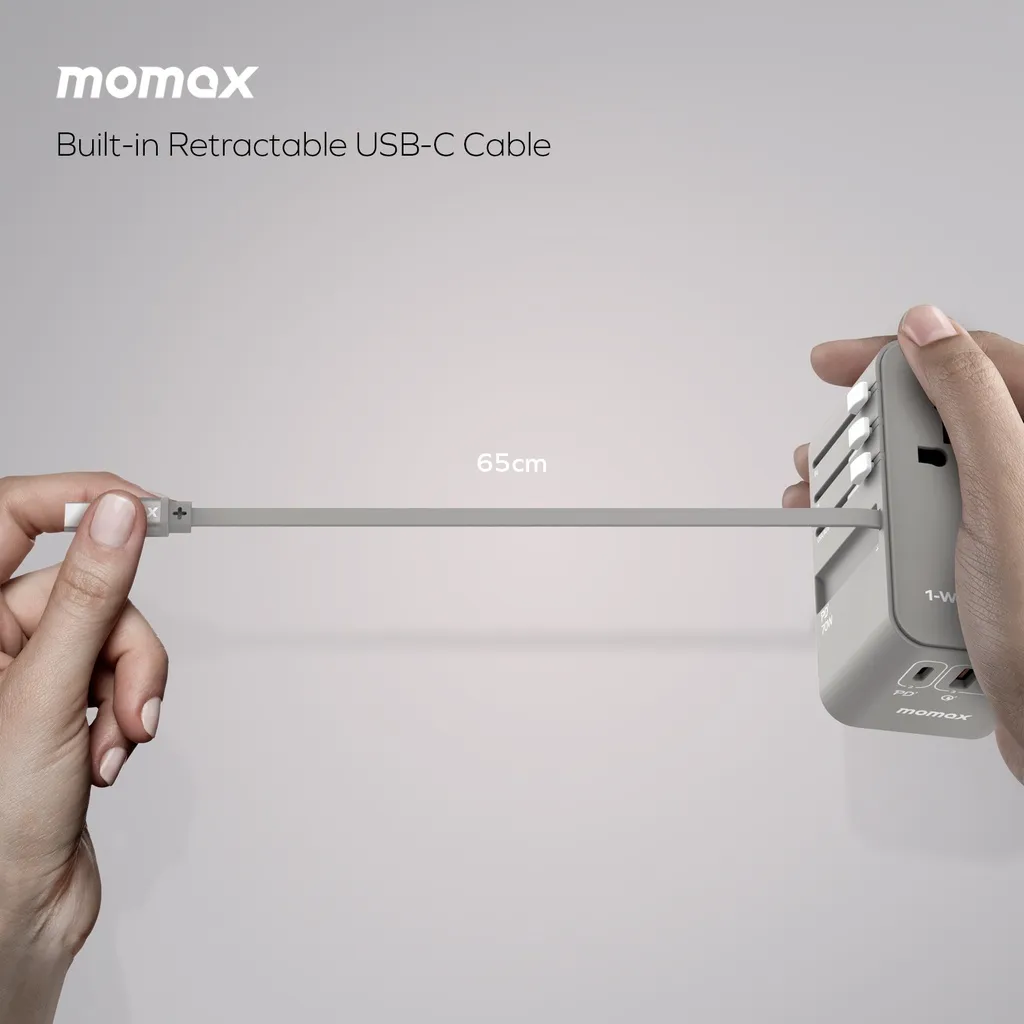 Picture of Momax 1-World 70W GaN 3 Port With Built-In USB-C Cable AC Travel Adaptor UA18D - Black