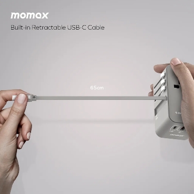 Picture of Momax 1-World 70W GaN 3 Port With Built-In USB-C Cable AC Travel Adaptor UA18D - Black