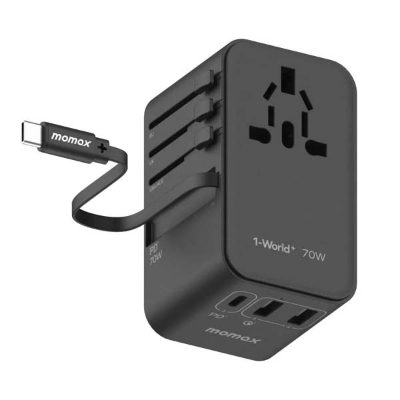 Picture of Momax 1-World 70W GaN 3 Port With Built-In USB-C Cable AC Travel Adaptor UA18D - Black
