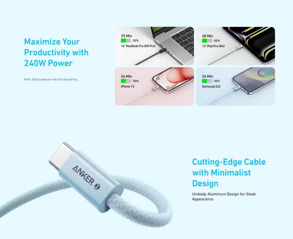 Picture of Anker Zolo 240W USB C to USB C Cable for iPhone 16 Series,MacBook(18 Months replacement warranty )