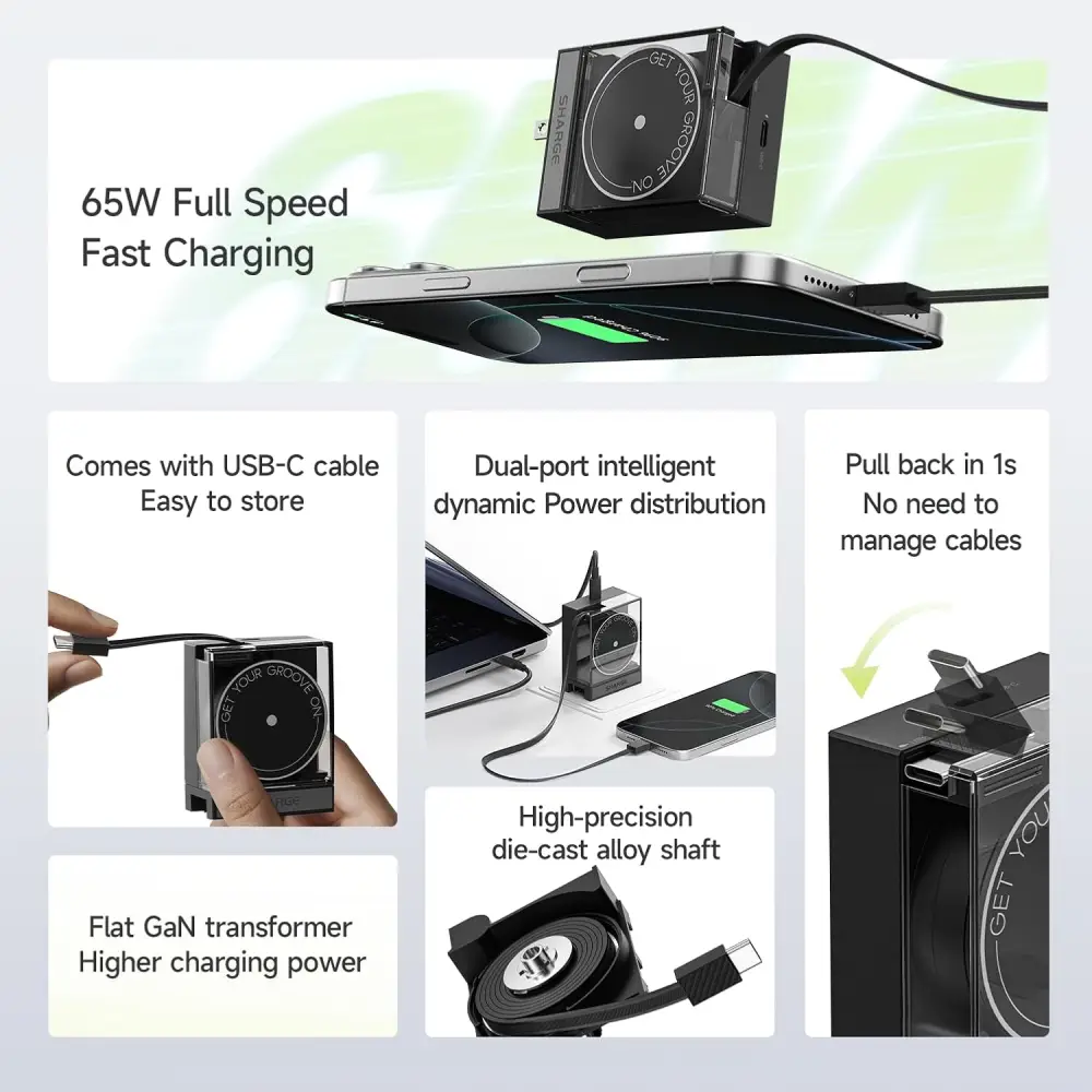 Picture of SHARGE Retractable 65W GaN Power USB C Wall Charger - Black