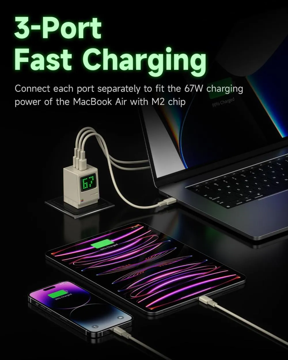Picture of SHARGE Retro 67w USB C Power Display 3-Port Fast GaN Foldable Charger - White
