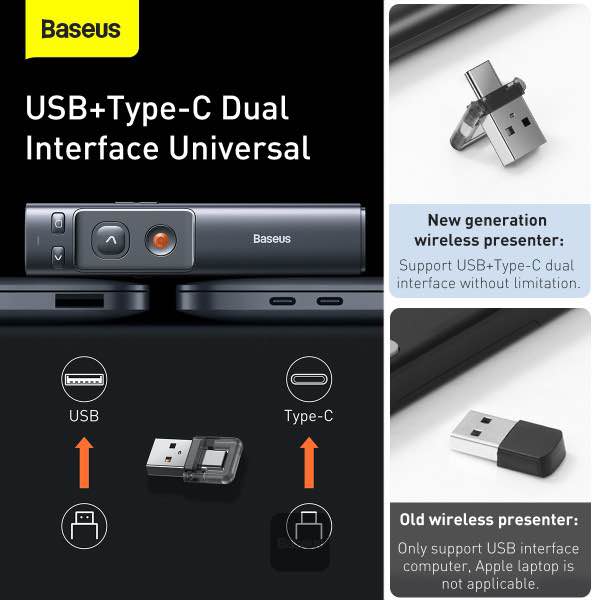 Picture of Baseus Rechargeable Orange Dot Wireless Presenter (Red Laser) - Grey - Black