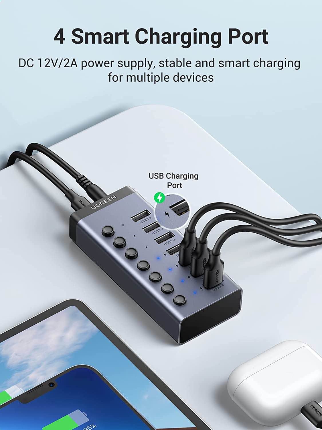Picture of UGREEN CM481 USB-C to 7-Port USB-A 3.0 Hub DC 12V EU, Compliance with BC 1.2 fast charging protocol - Black