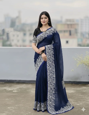 Picture of Fashionable Half Silk Block Print Saree for women. Saree with Unstitched Blouse pcs