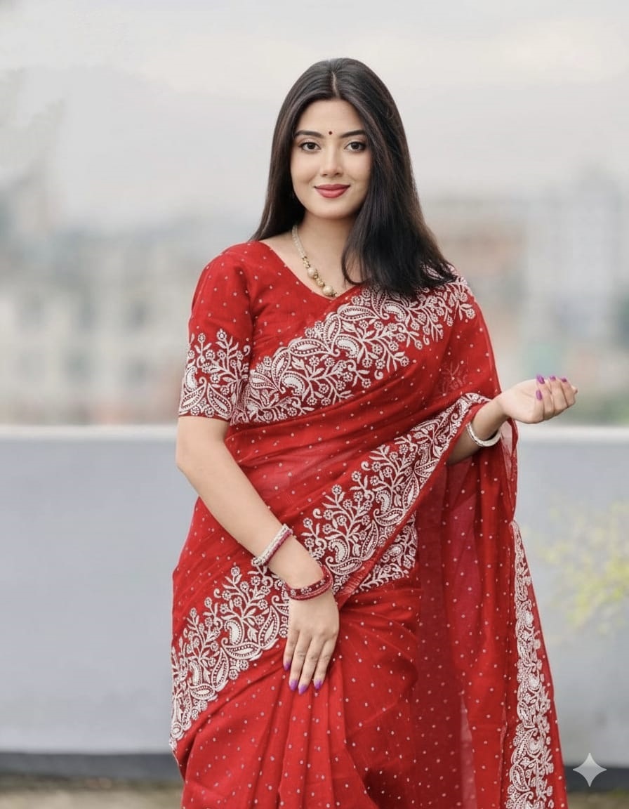 Picture of Fashionable Half Silk Block Print Saree for women. Saree with Unstitched Blouse pcs