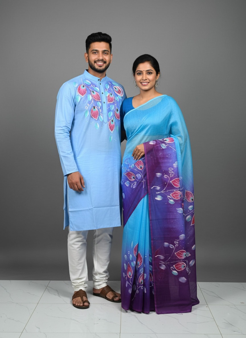 Picture of Half Silk Hand print Sharee and Dhupiyan panjabi For Combo Couple Dress