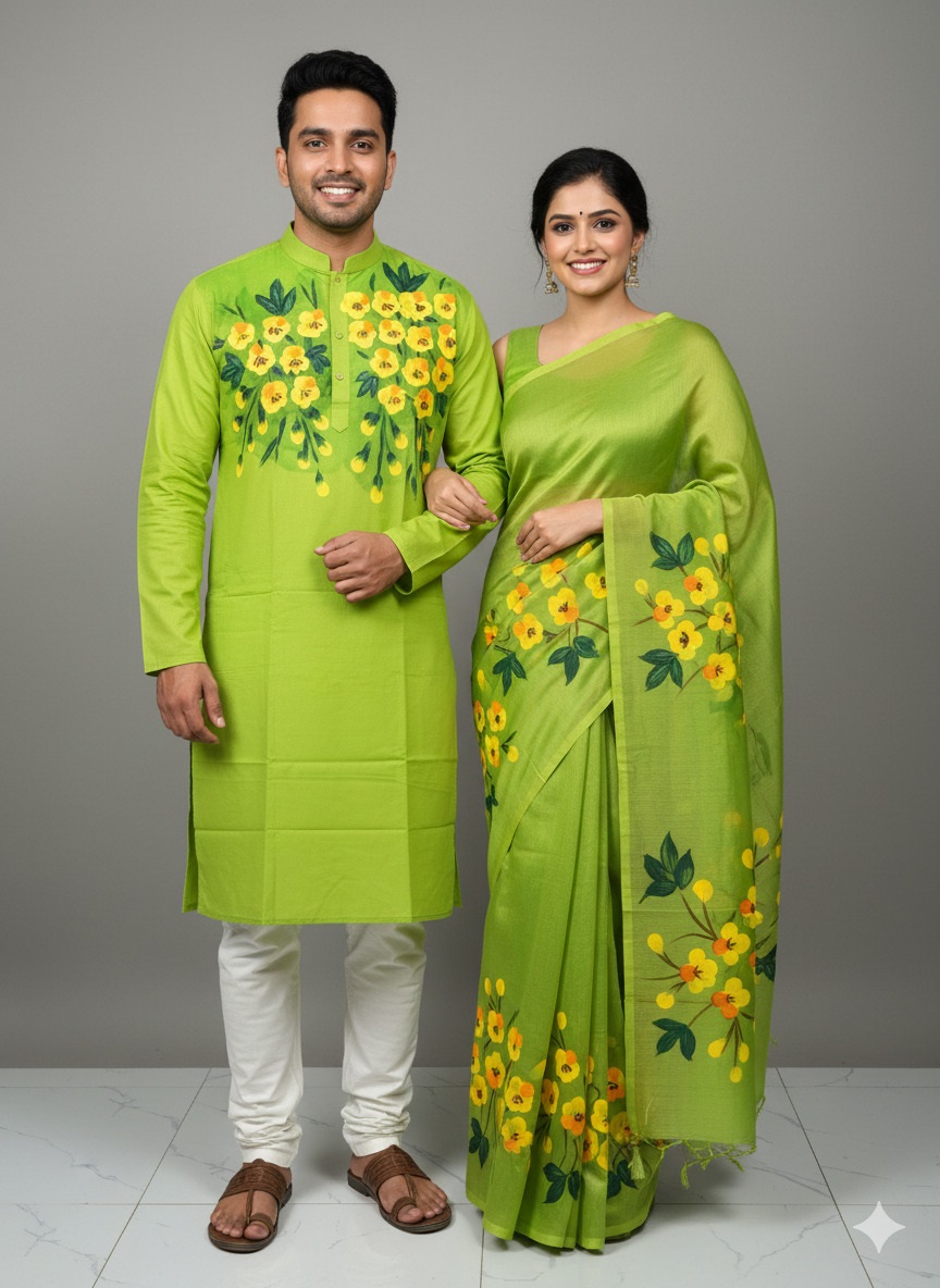 Picture of Half Silk Hand print Sharee and Dhupiyan panjabi For Combo Couple Dress