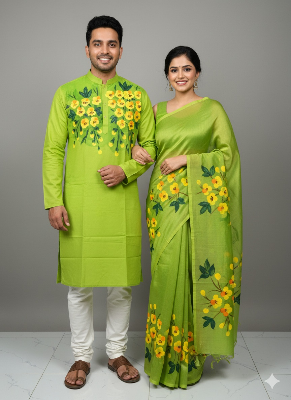 Picture of Half Silk Hand print Sharee and Dhupiyan panjabi For Combo Couple Dress