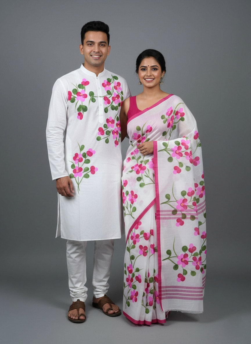Picture of Half Silk Hand print Sharee and Dhupiyan panjabi For Combo Couple Dress