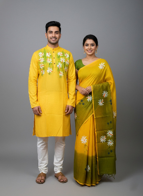 Picture of Half Silk Hand print Sharee and Dhupiyan panjabi For Combo Couple Dress