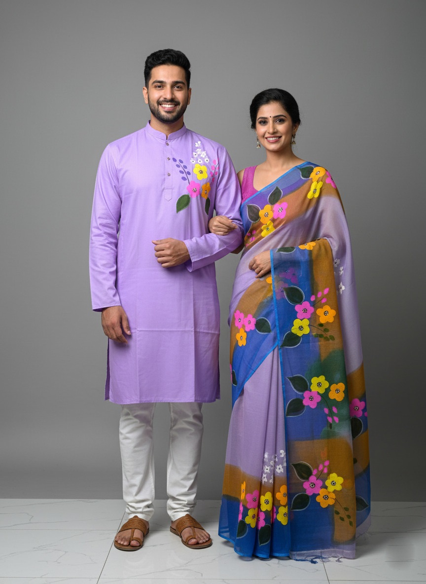 Picture of Half Silk Hand print Sharee and Dhupiyan panjabi For Combo Couple Dress