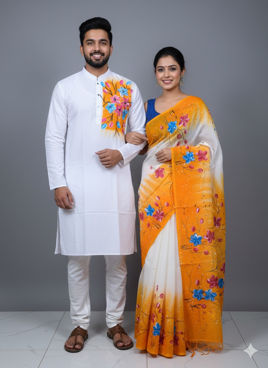 Picture of Half Silk Hand print Sharee and Dhupiyan panjabi For Combo Couple Dress