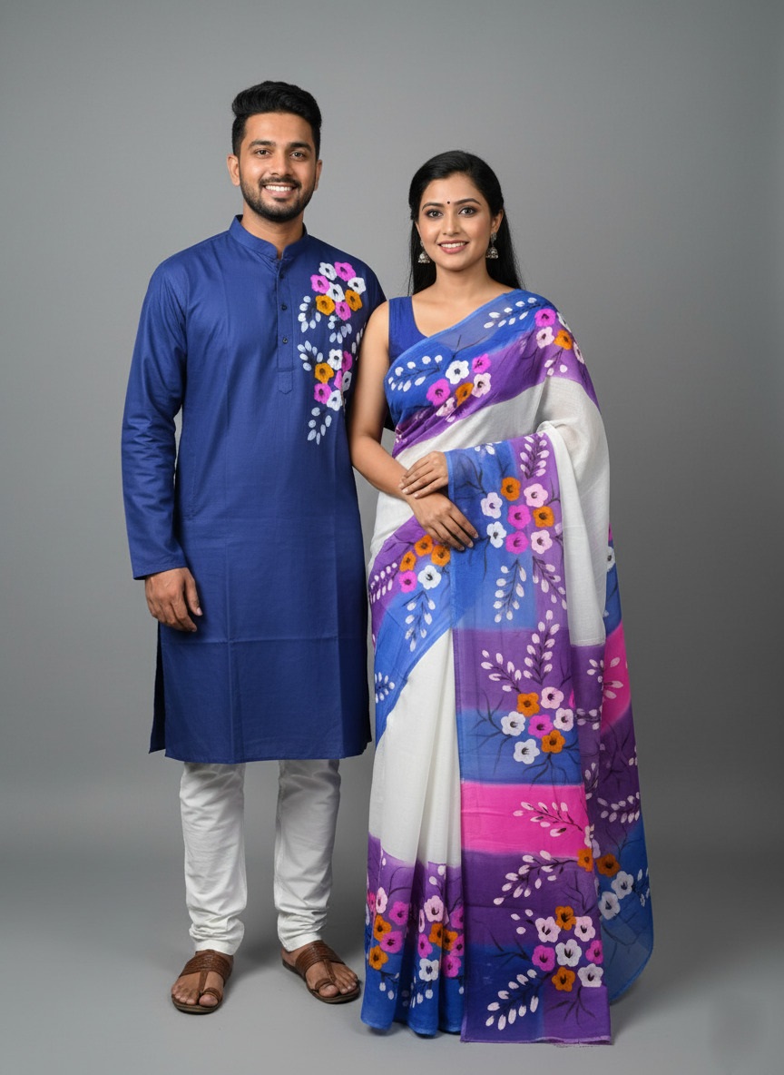 Picture of Half Silk Hand print Sharee and Dhupiyan panjabi For Combo Couple Dress