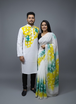 Picture of Half Silk Hand print Sharee and Dhupiyan panjabi For Combo Couple Dress