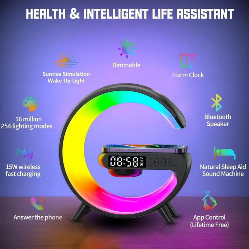 Picture of Dreams shop & store 4 In 1 Bluetooth Speaker 10W Multifunctional Wireless Charger LED Atmosphere RGB Night Light Alarm Clock Desk Lamp Bluetooth Speaker  Wireless Charging Modern Speaker