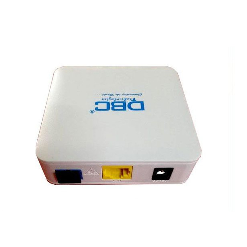 Picture of The DBC 1GZ-AK-V2 1GE EPON ONU. DBC 1GZ-AK-V2 EPON ONU has 1GE optical network, PON uplink port, RJ-45 Ethernet port, 10/100/1000Mbps, connect to external AC-DC adapter, power on/off.