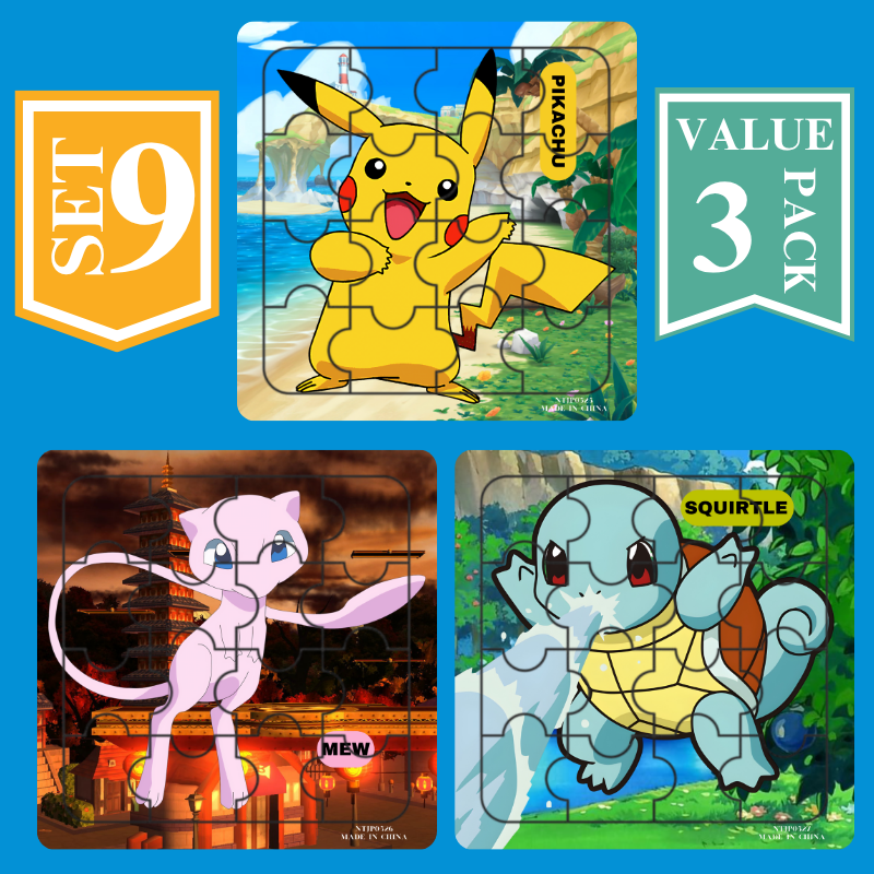 Picture of 3D Jigsaw Puzzle Pokemon Set 3 Puzzle Designs in 1 Set - 6 Inch puzzles for children & adult, friends and family - Pikachu Squirtle Mew 16 Pc Puzzle