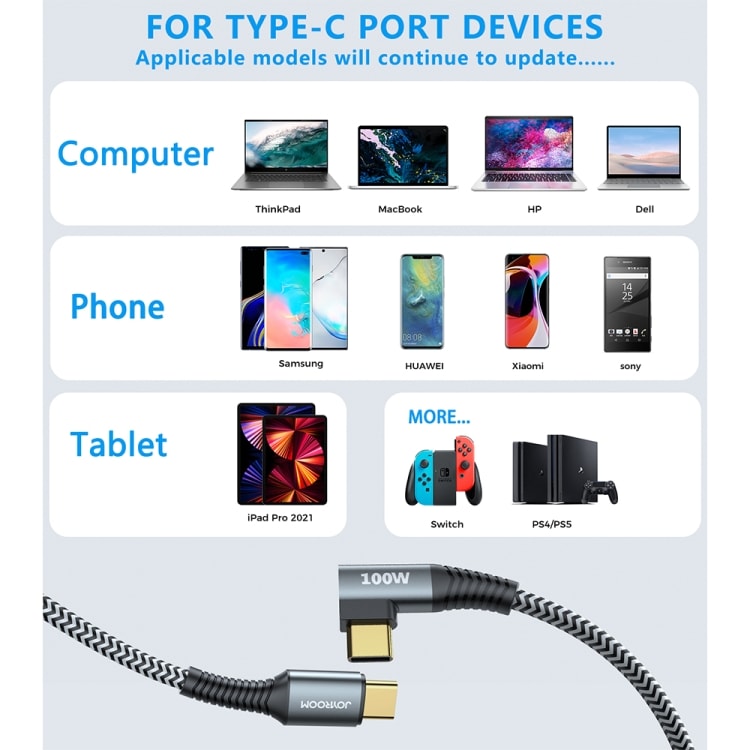 Picture of JOYROOM Type-C to Type-C 100W 5A Cable Elbow Data Cable 1.5m