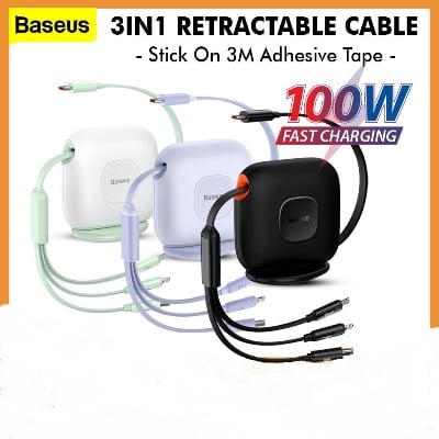 Picture of Baseus Traction Series Retractable 3-in-1 Fast Charging Cable Desktop Organizer (Type-C to M+L+C 100W 1.7m)
