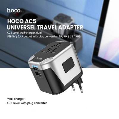 Picture of Hoco AC5 2USB+1Socket Universal Travel Adapter