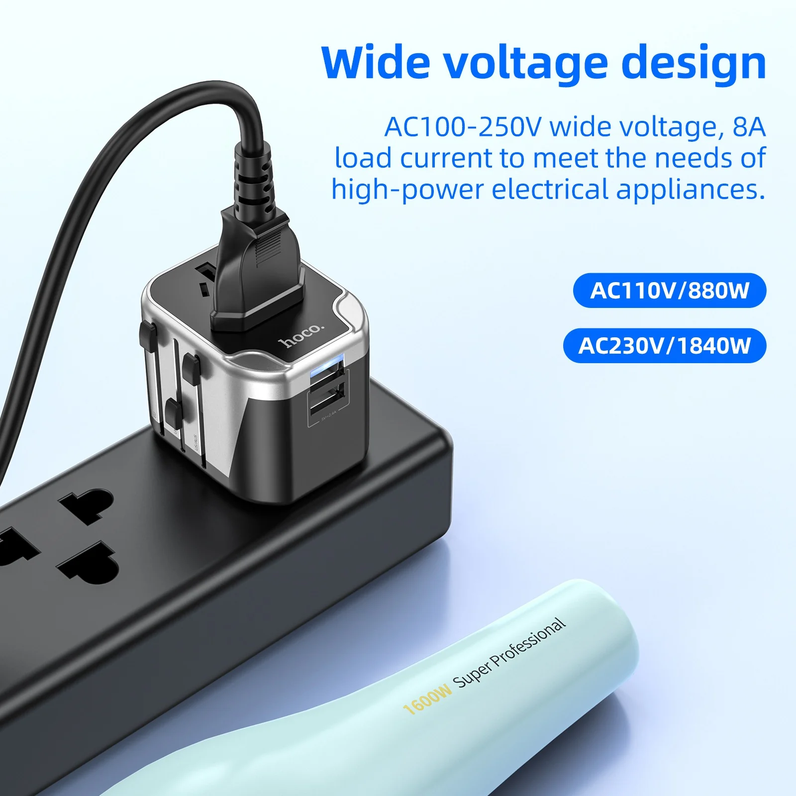 Picture of Hoco AC5 2USB+1Socket Universal Travel Adapter