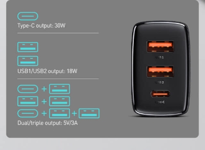 Picture of Baseus 30W Charger Type C PD Fast Charging US Plug 3 Ports USB Quick Phone Charger- CN Plug