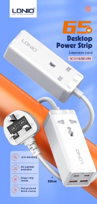 Picture of LDNIO 65W MAX USB Wall Charger with Universal Outlet Power Strip Extension Socket with USB C 2500W Travel Adapter Fast Charger PD & QC 3.0 Singapore UK Plug 2 Meter Cable