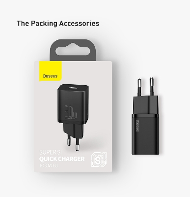 Picture of BASEUS Super Si Quick Charger IC 30W Travel Charging Adapter EU Plug - Black