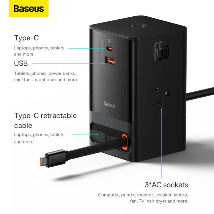 Picture of BASEUS Power Combo Tower Power Strip 3AC 2USB 2Type-C 100W Charging Station with 1.5m Cable