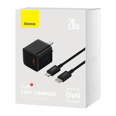 Picture of Baseus GaN5 Type-C 20W Fast Charger with 1m Type-C to Lightning PD20W Fast Charging Data Cable Black US Adapter