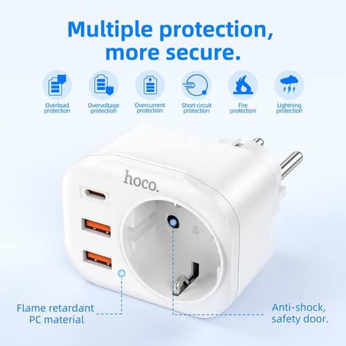 Picture of HOCO NS3 Travel Adaptor 4 in 1 Fast Charging QC 3.0 PD Charger Multifunctional Socket 1C+2A PD 20W Ports  EU Plug(Black)