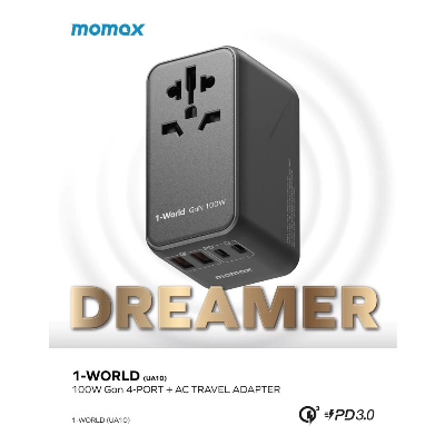 Picture of MOMAX Universal Power Adapter, 100W Fast GaN International Travel Adapter, 2PD USB-C+2QC USB-A Travel Plug Adapter, US/UK/EU/AU Universal Charger Adapter for Laptops,Tablets,Phones 1-World