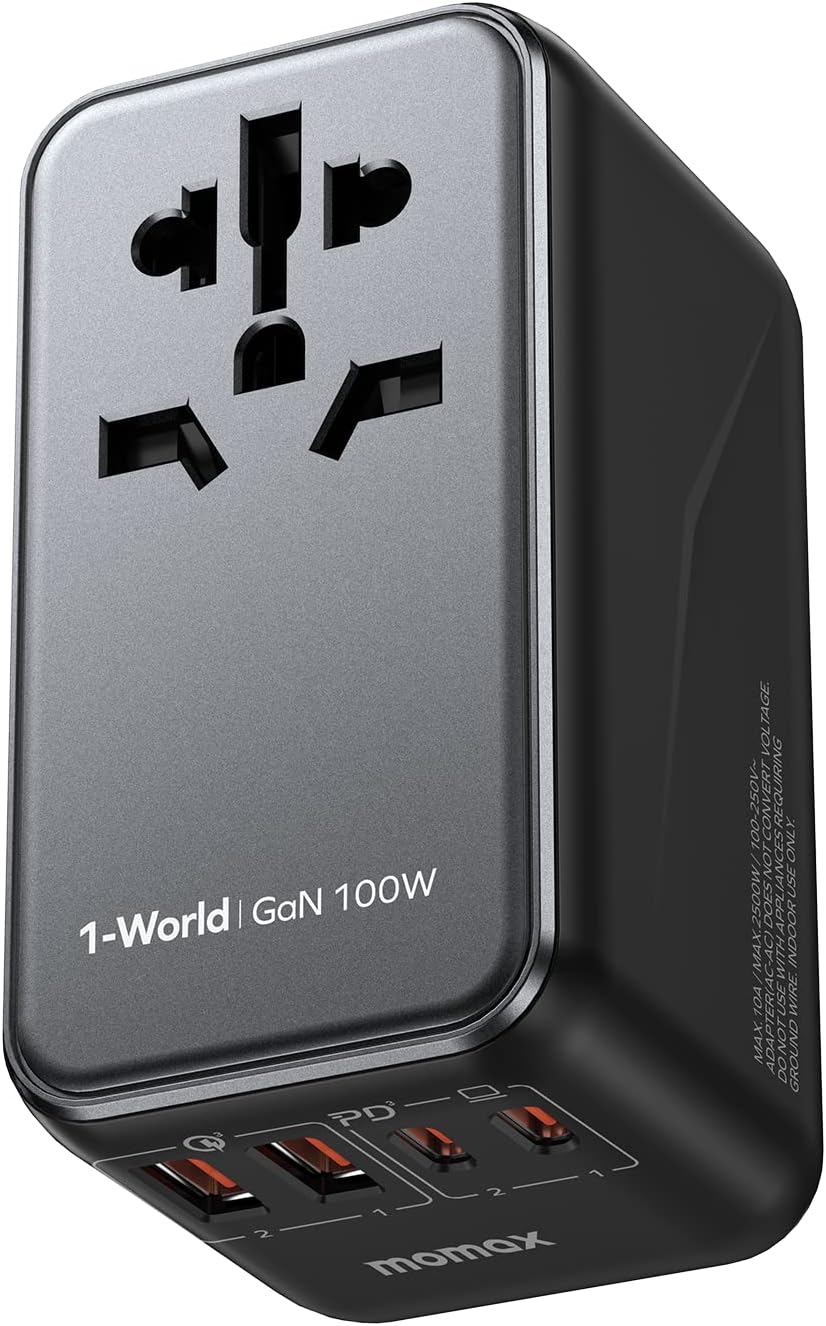 Picture of MOMAX Universal Power Adapter, 100W Fast GaN International Travel Adapter, 2PD USB-C+2QC USB-A Travel Plug Adapter, US/UK/EU/AU Universal Charger Adapter for Laptops,Tablets,Phones 1-World