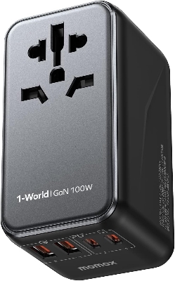 Picture of MOMAX Universal Power Adapter, 100W Fast GaN International Travel Adapter, 2PD USB-C+2QC USB-A Travel Plug Adapter, US/UK/EU/AU Universal Charger Adapter for Laptops,Tablets,Phones 1-World