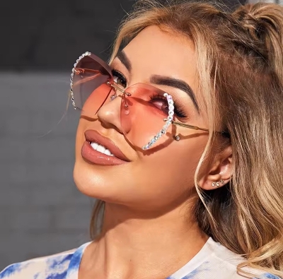 Picture of Fashion Oversized Rimless Sunglasses Women Famous Luxury Brand Design  Diamond Square Sun Glasses For Female